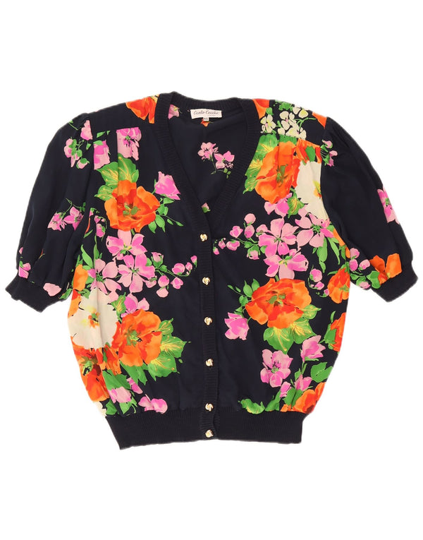 Vintage Kvinders Kortærmet Cardigan Top IT 46 Large Navy Blue Floral