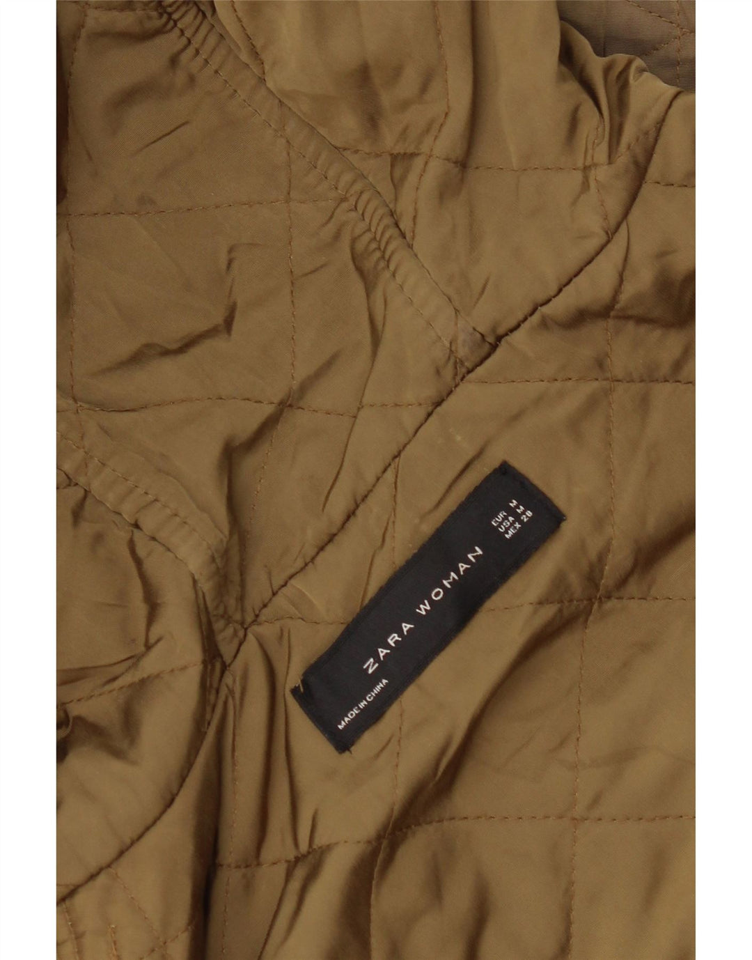 ZARA Quiltet jakke med hætte til kvinder UK 14 Medium Khaki Polyester