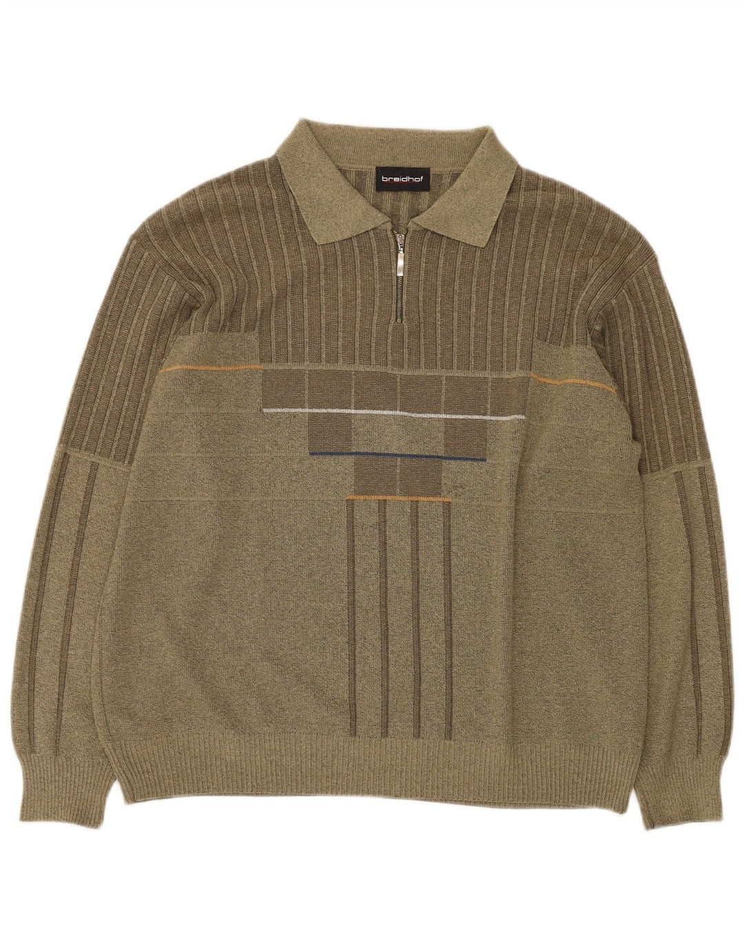 BREIDHOF Herre Polo Neck Jumper Sweater Stor Khaki Stribet Polyacryl