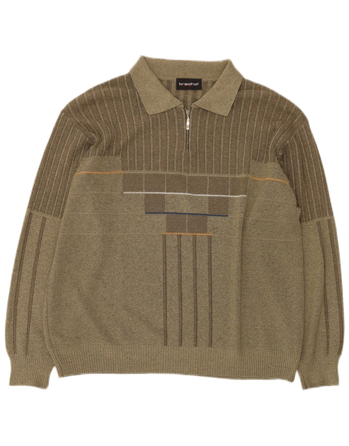BREIDHOF Herre Polo Neck Jumper Sweater Stor Khaki Stribet Polyacryl