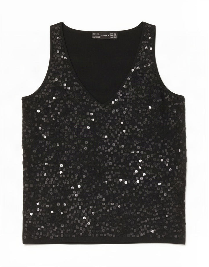 Zara Dame ærmeløs bluse Top UK 12 Medium Sort Flecked Viscose
