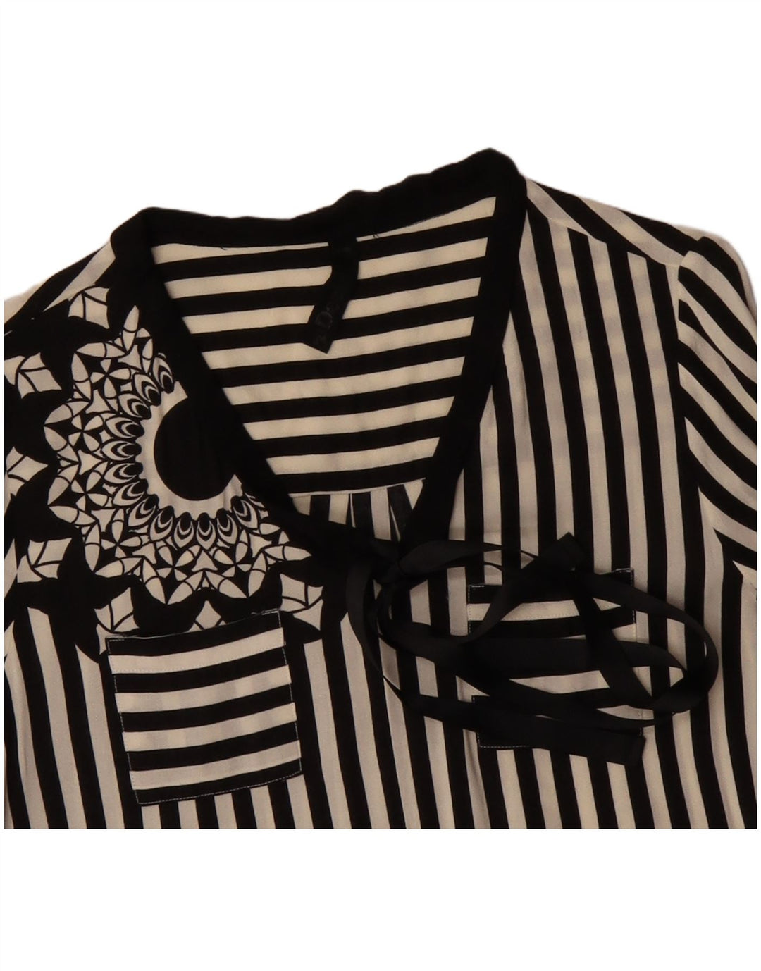 DESIGUAL Kvinder Grafisk Front Tie Shirt Bluse UK 12 Medium Sort Stribet