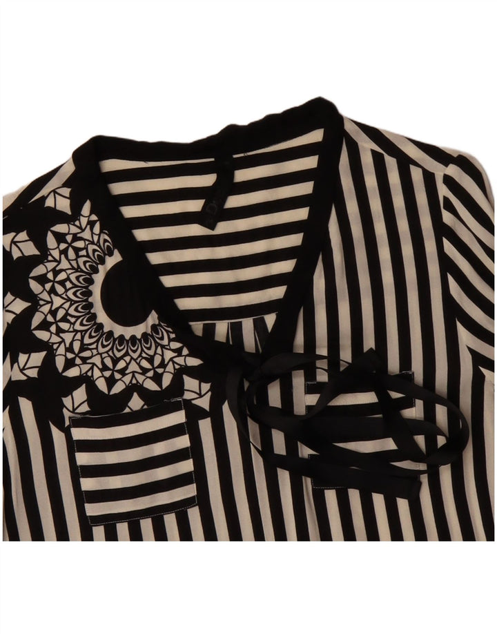 DESIGUAL Kvinder Grafisk Front Tie Shirt Bluse UK 12 Medium Sort Stribet