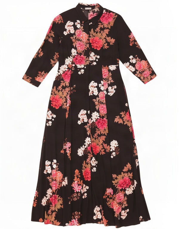 Zara Womens 3/4 Sleeve Maxi Dress UK 14 Large Black Floral Viscose