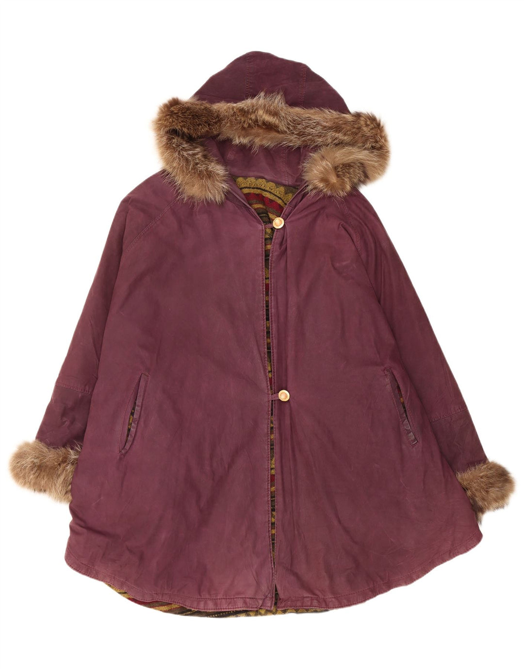 Vintage læderponchofrakke med hætte til kvinder One Size Maroon