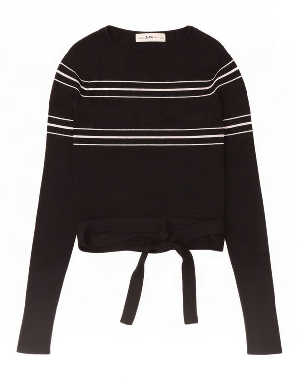 Zara Womens Crop Boat Neck Jumper Sweater UK 8 Small Sort Stribet Viscose