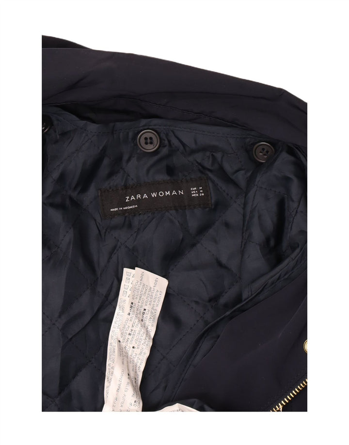 Zara Military Bomber Jacket med hætte til kvinder UK 14 Medium Navy Blue Polyester