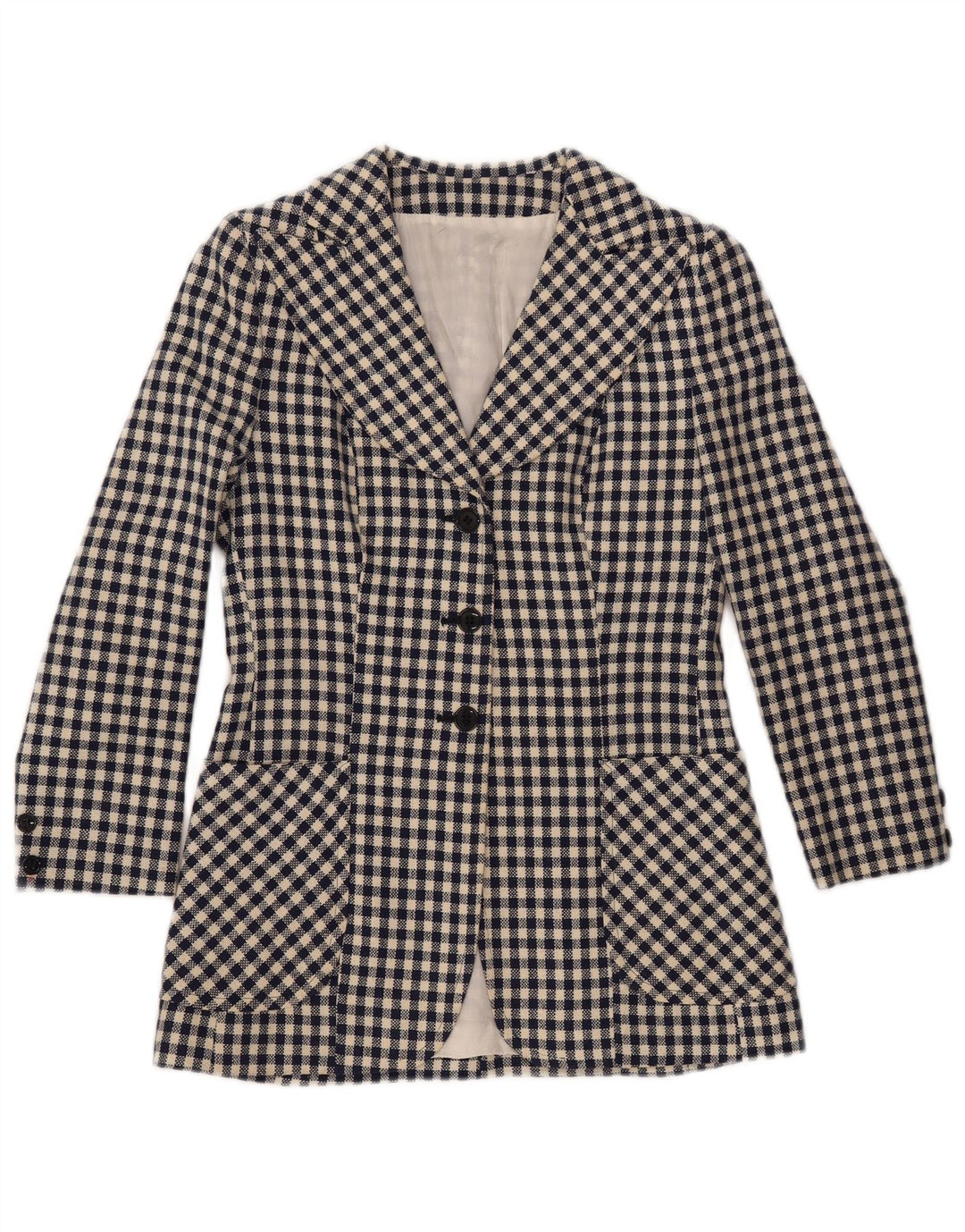 VINTAGE Dame 3-knaps blazerjakke UK 10 Small Navy Blue Gingham