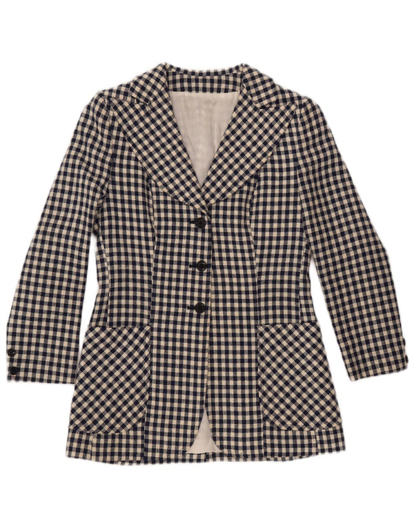 VINTAGE Dame 3-knaps blazerjakke UK 10 Small Navy Blue Gingham