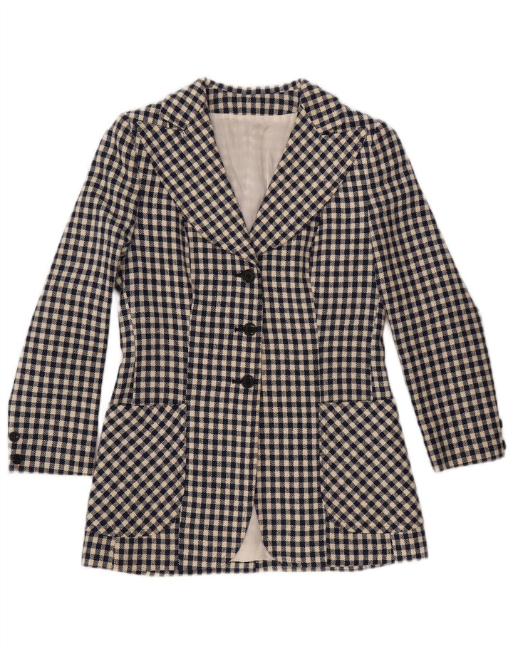 VINTAGE Dame 3-knaps blazerjakke UK 10 Small Navy Blue Gingham