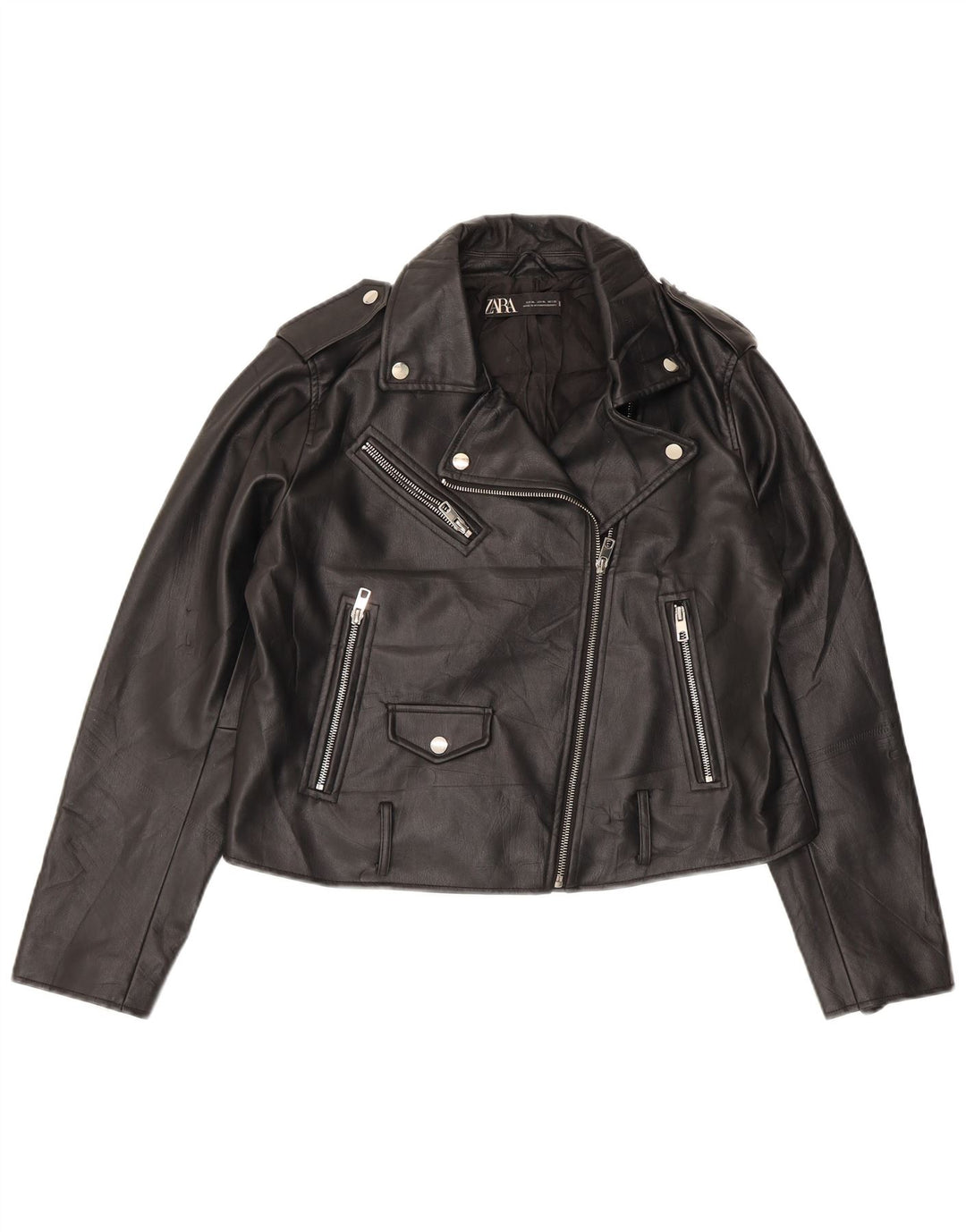 Zara Womens Crop Biker-jakke i imiteret læder UK 18 XL Sort Polyester
