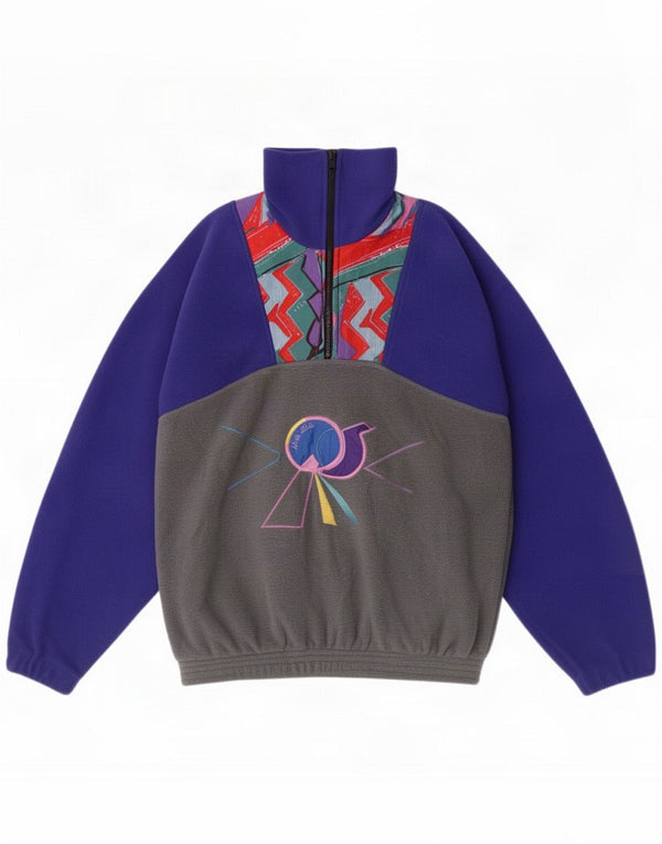 Vintage kvinders grafisk fleecetrøje med lynlås DK 18 XL Lilla Colourblock
