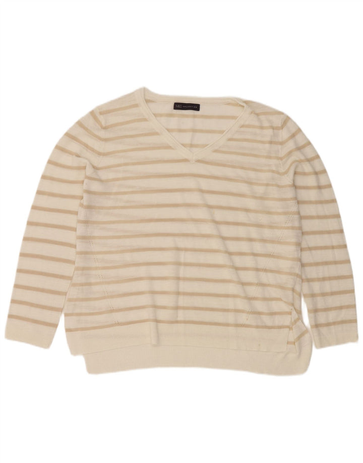 Marks & Spencer Dame V-hals sweater UK 14 Stor hvid stribet