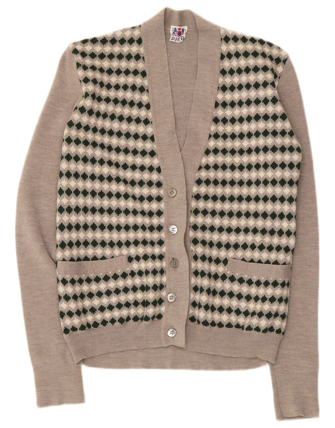 Vintage Dame Cardigan Sweater UK 8 Small Beige Geometric