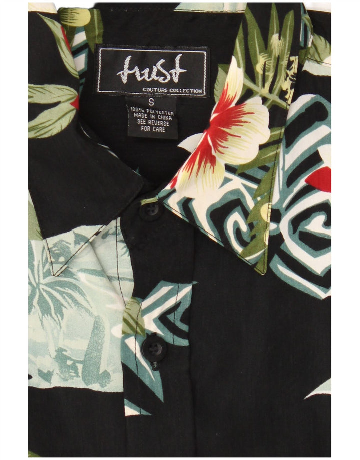 Vintage kortærmet herreskjorte lille sort blomstret polyester hawaiiansk