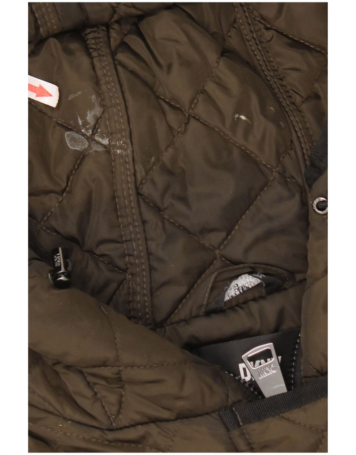Dkny Dame Hætte Quiltet Overfrakke UK 16 Stor Khaki Polyester