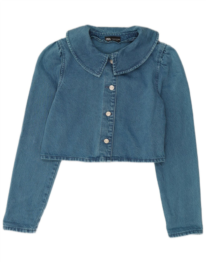 Zara Dame Crop Denim Jacket UK 14 Medium Blue Bomuld