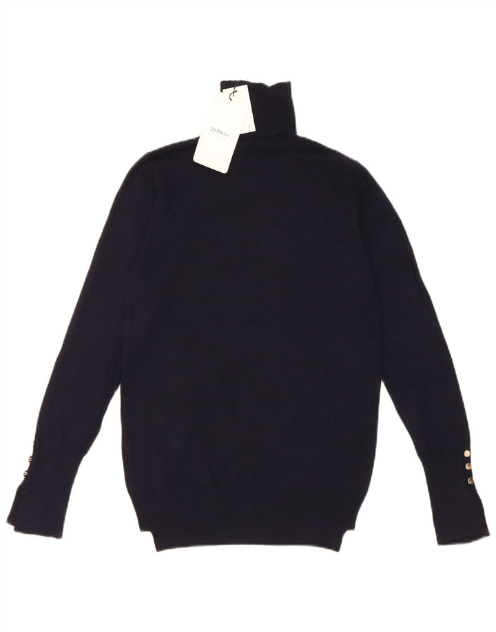 Zara Dame Rullehals Jumper Sweater UK 12 Medium Navy Blue Viscose