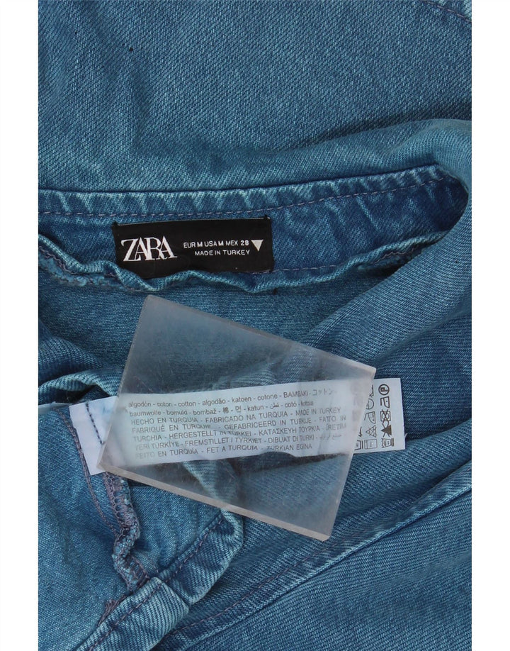Zara Dame Crop Denim Jacket UK 14 Medium Blue Bomuld