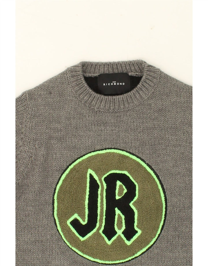 RICHMOND Boys Graphic Crew Neck Jumper Sweater 7-8 Years Grey Acrylic Vintage Richmond and Second-Hand Richmond from Messina Hembry 