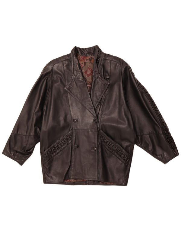 VINTAGE dobbeltradet læderjakke til kvinder UK 16 Stor sort læder