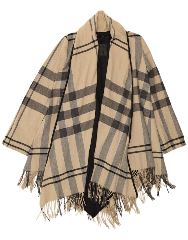 Zara Womens Open Relaxed Fit Overfrakke UK 10 Small Beige Plaid Uld