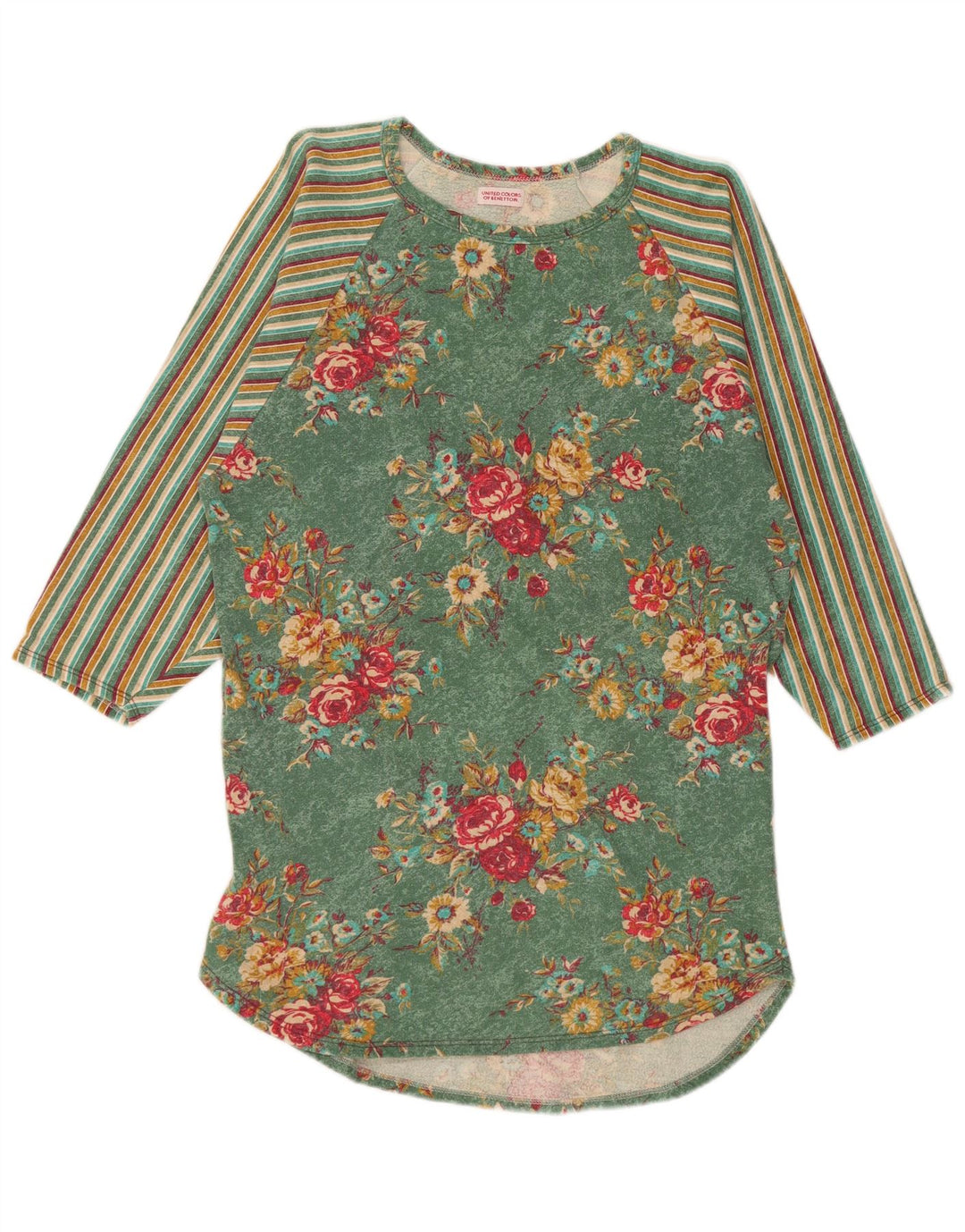 BENETTON Langærmet T-shirtkjole til kvinder UK 14 Medium Green Floral