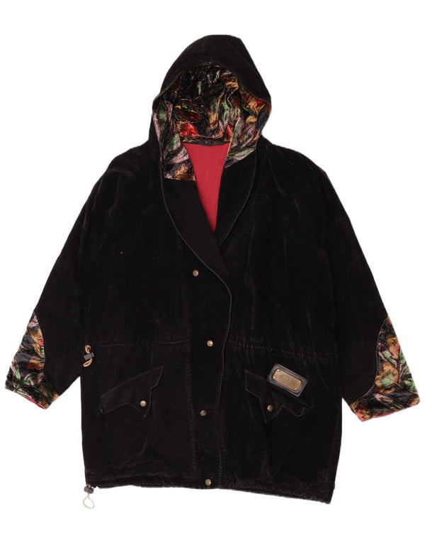 Vintage Dame Oversized Hooded Parka Jacket UK 14 Large Black Floral