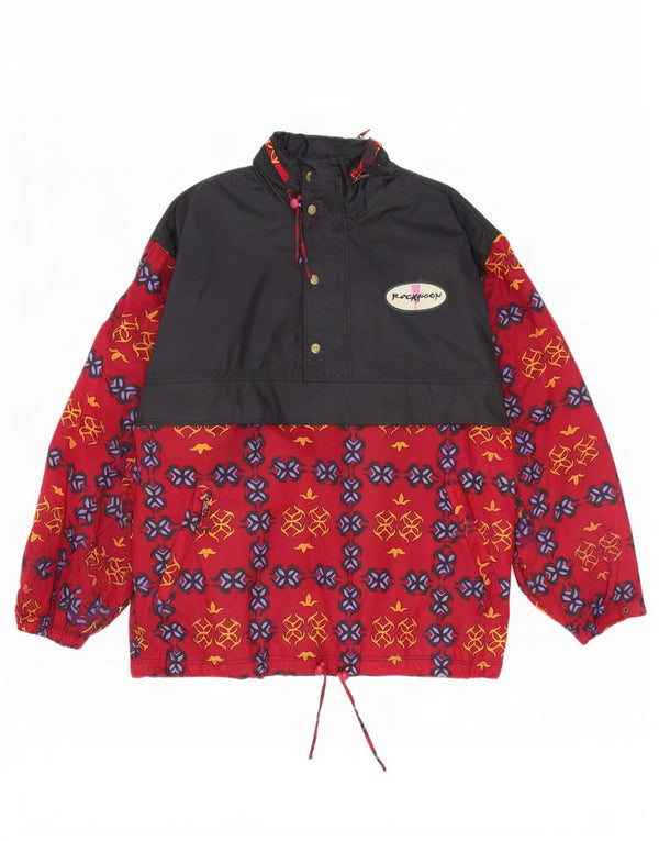 Vintage Herre Loose Fit Hætte Anorak regnjakke UK 38 Medium Rød Geometrisk