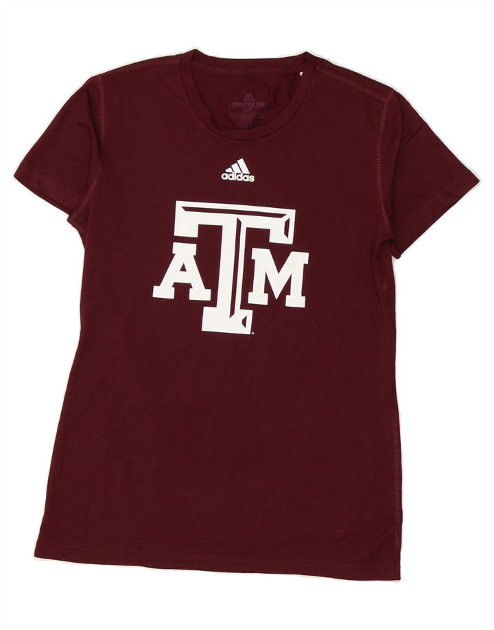 ADIDAS Womens Graphic T-Shirt Top UK 10 Small Burgundy Polyester Vintage Adidas and Second-Hand Adidas from Messina Hembry 