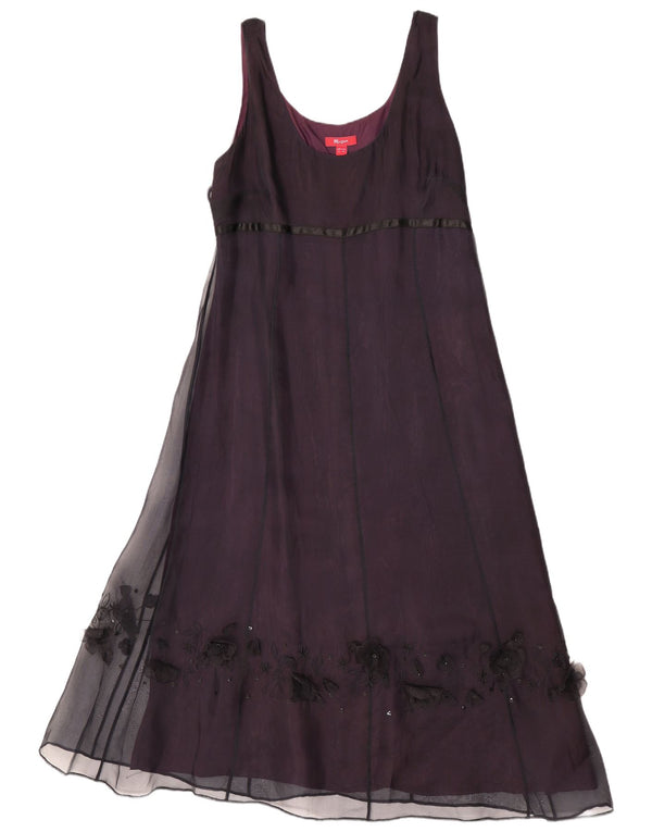 Monsoon Dame Ærmeløs A-Line Kjole UK 16 Large Burgundy Floral Silke