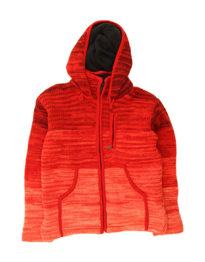 VINTAGE Womens Knit Hooded Bomber Jacket UK 14 Medium Red Tie Dye Wool Vintage Vintage and Second-Hand Vintage from Messina Hembry 