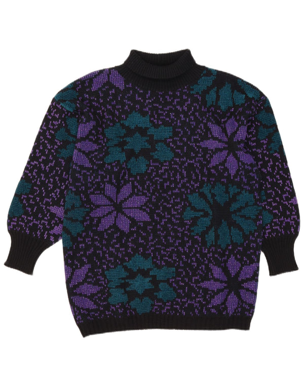 Vintage Dame Roll Neck Jumper Sweater UK 16 Large Black Floral