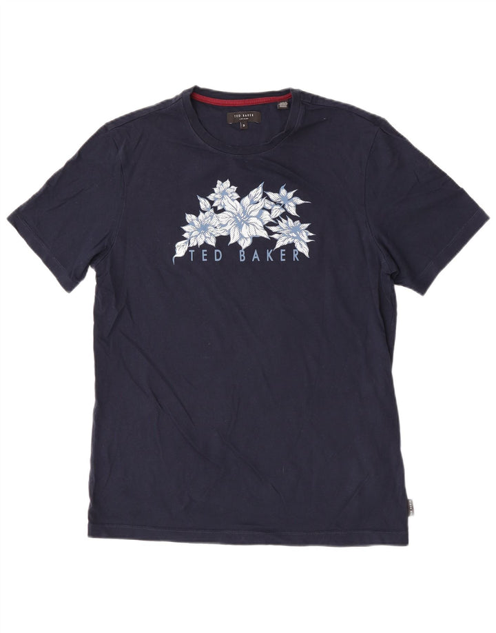 Ted Baker Herre grafisk T-shirt Top Størrelse 3 Medium Marineblå Blomsterbomuld