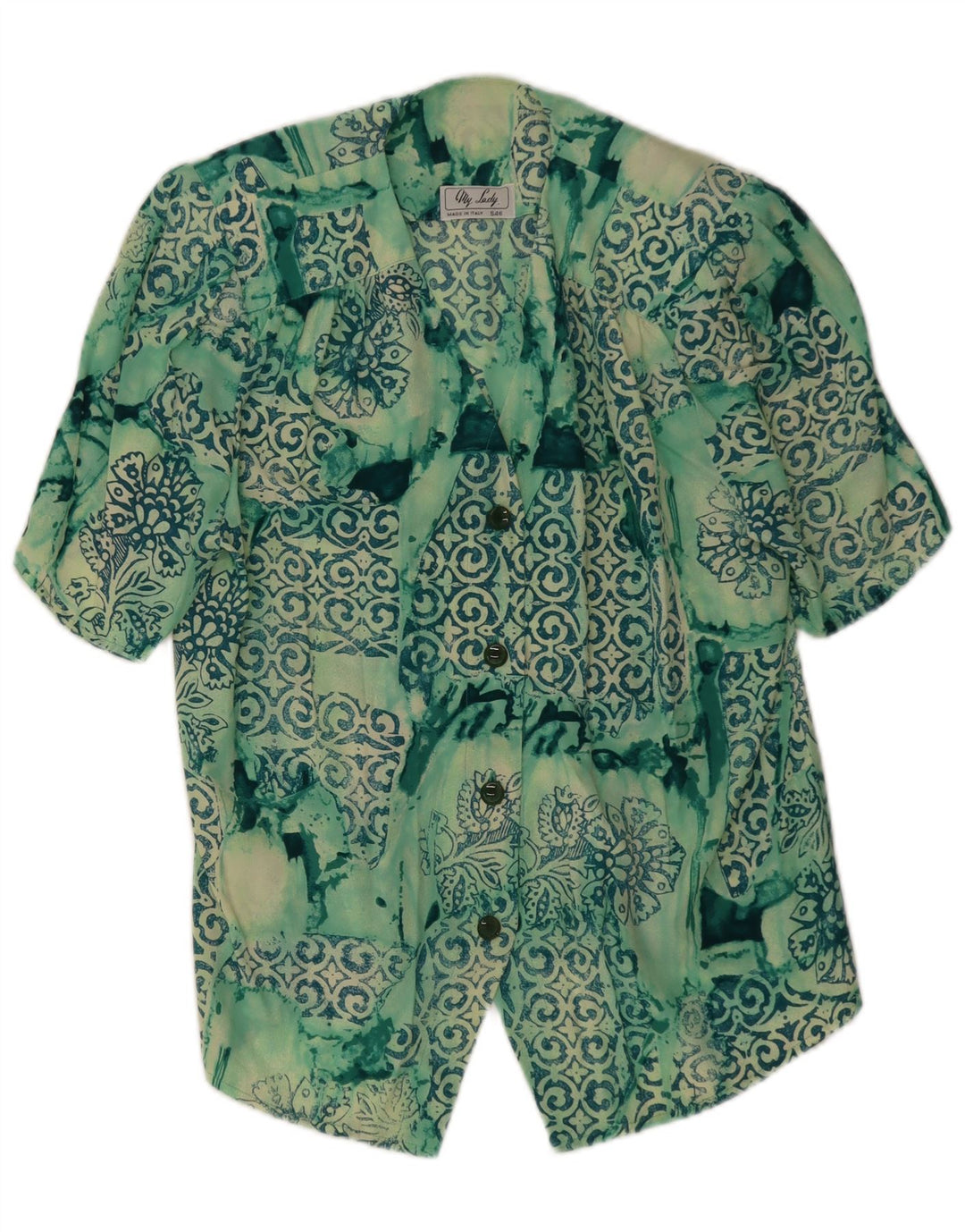 Vintage kortærmet skjortebluse til kvinder UK 14 Medium Green Patchwork