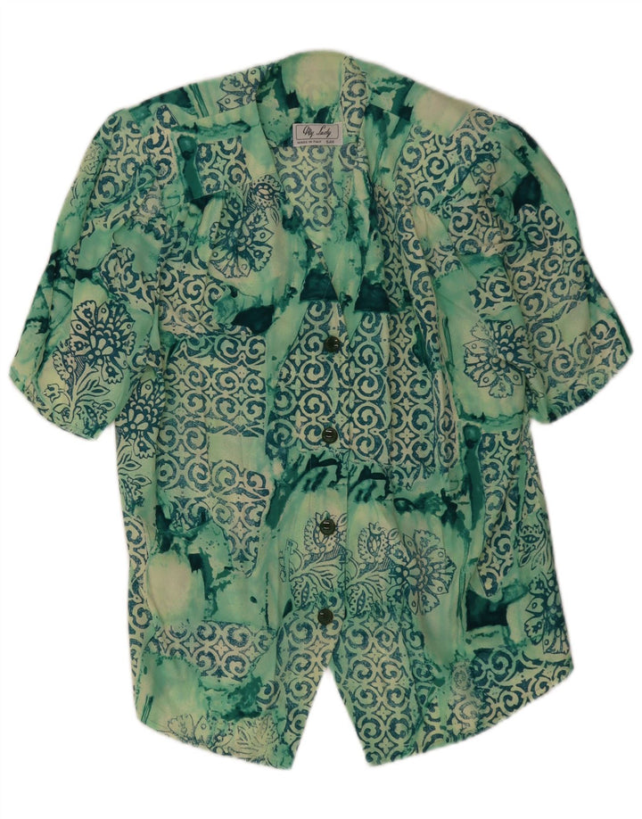 Vintage kortærmet skjortebluse til kvinder UK 14 Medium Green Patchwork