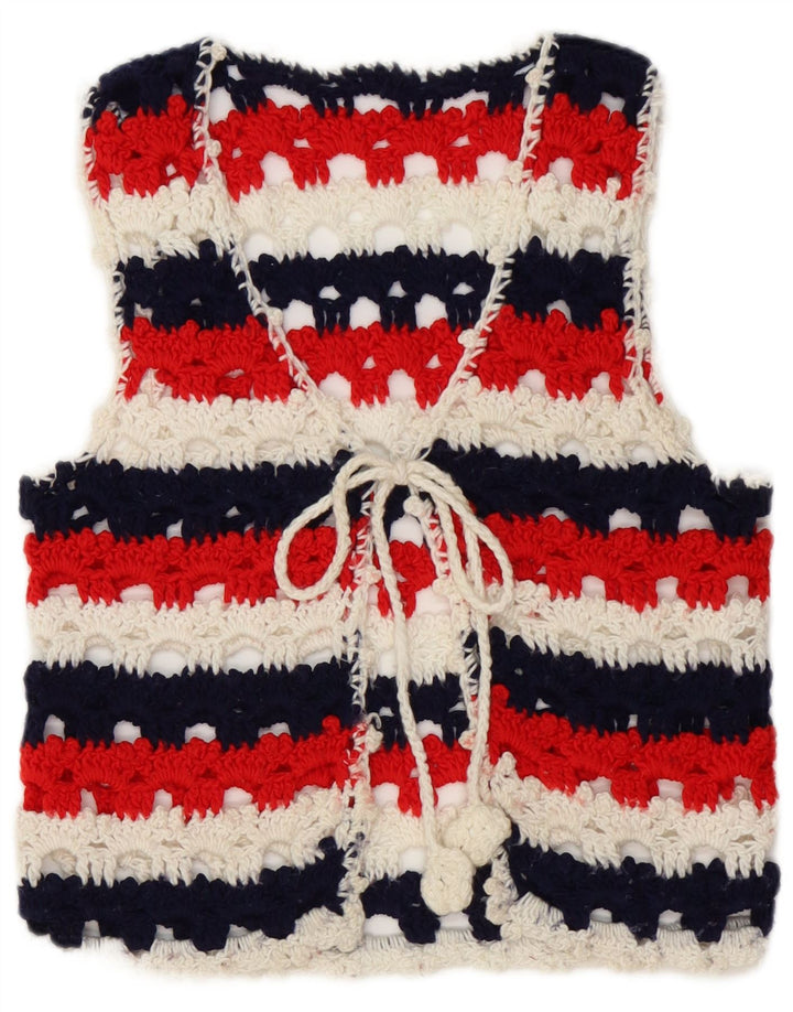 Vintage ærmeløs cardigan sweater til kvinder UK 8 Lille flerfarvet stribet