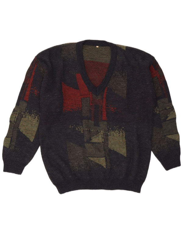 Vintage herre V-hals sweater XL marineblå geometrisk uld