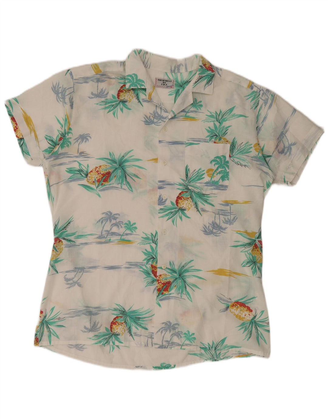 Vintage kortærmet skjorte til mænd Medium White Polyester Hawaiian