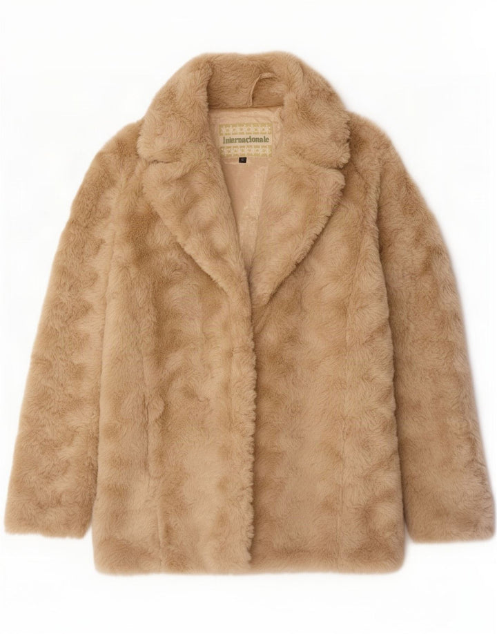 Vintage Dame Oversized Faux Fur Jacket UK 12 Medium Beige Polyester