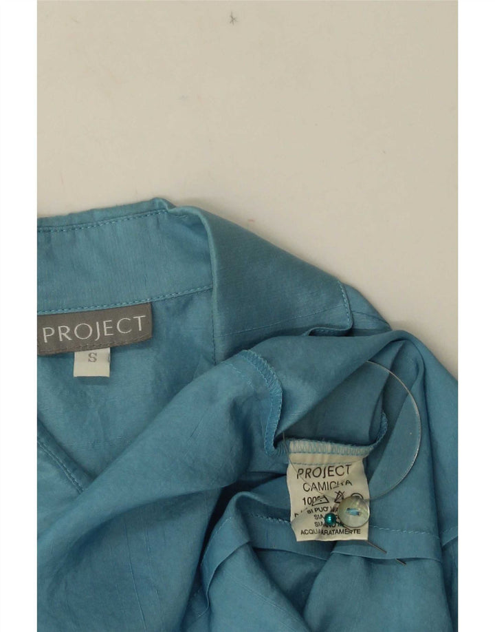 Project Dame ærmeløs skjorte bluse UK 10 Small Blue Silk