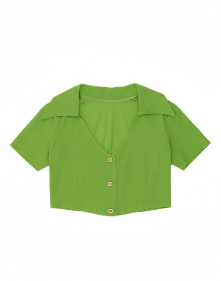 VINTAGE Womens Crop Shirt Blouse UK 12 Medium Green