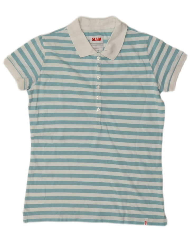 Slam Dame Polo Shirt UK 14 Mellem blå stribet bomuld