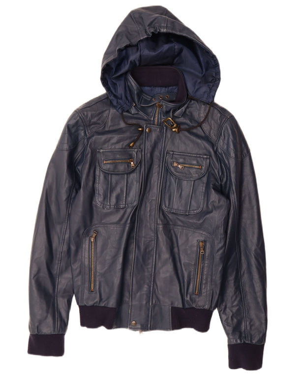 VINTAGE Læderjakke med hætte til kvinder UK 14 Stor marineblå læder