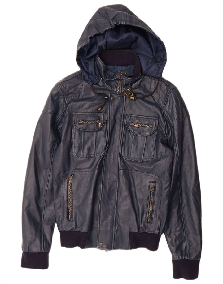 VINTAGE Læderjakke med hætte til kvinder UK 14 Stor marineblå læder