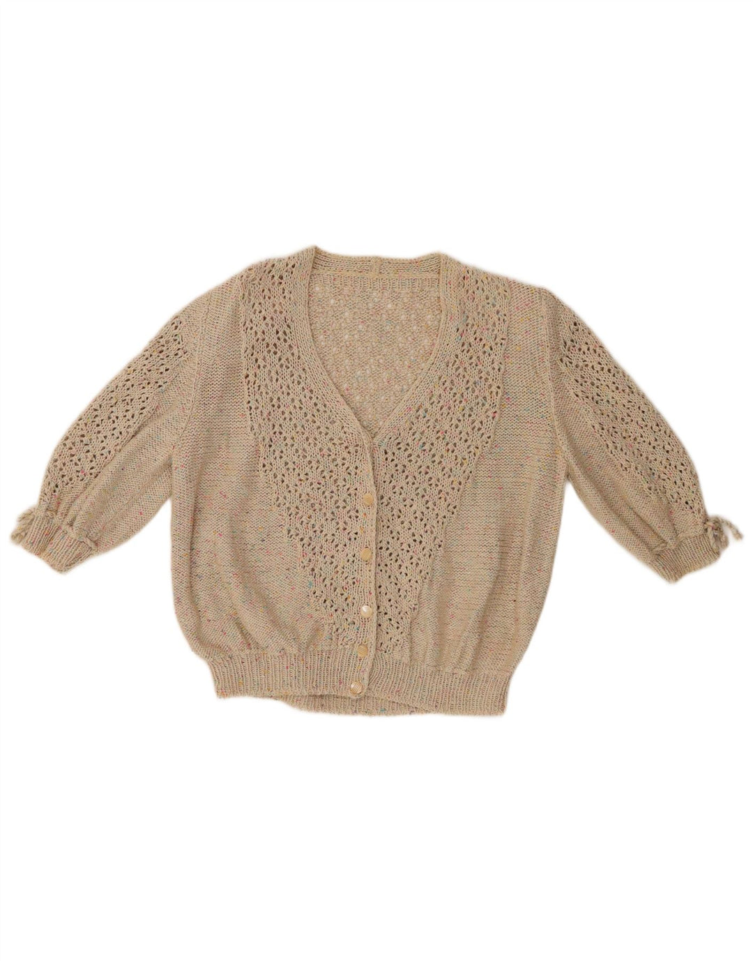 VINTAGE dame cardigantrøje med 3/4 ærmer UK 12 Medium Beige Flecked