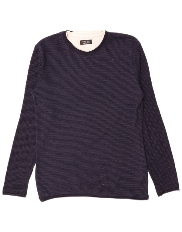 Zara Herre Crew Neck Jumper Sweater Large Navy Blue Polyester