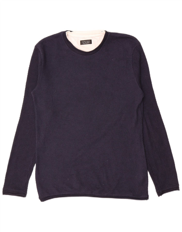 Zara Herre Crew Neck Jumper Sweater Large Navy Blue Polyester
