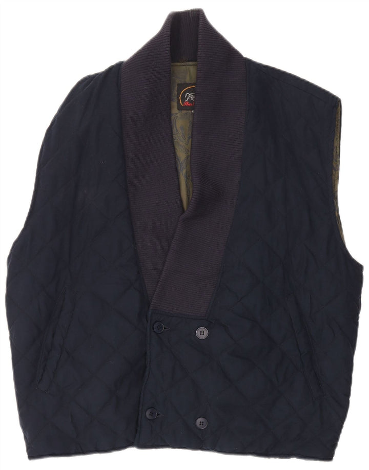 Vintage Herre Dobbeltradet Quiltet Gilet UK 40 Large Navy Blue Polyester