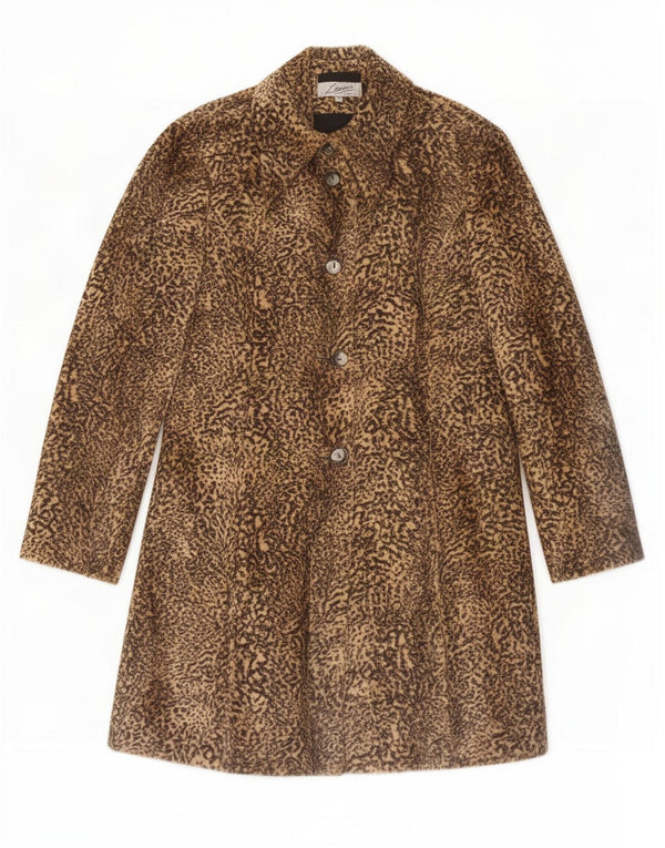 Vintage Dame imiteret Pels Overfrakke UK 10 Small Brown Animal Print Polyester